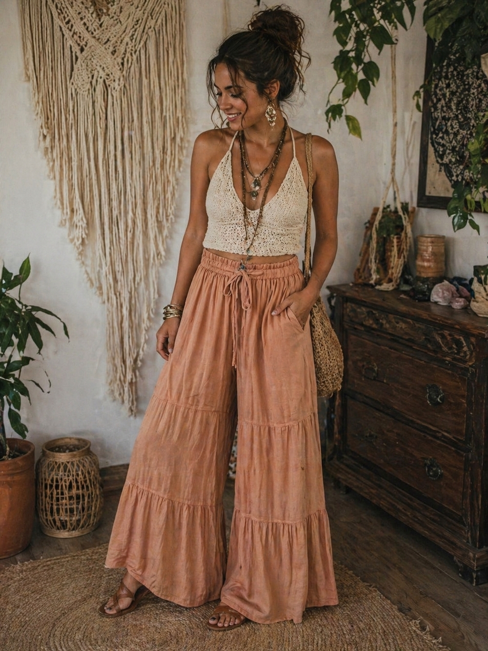 Easel Wide-Leg Pants Brown Ruffle Elastic Waist Drawstring Boho Casual Medium